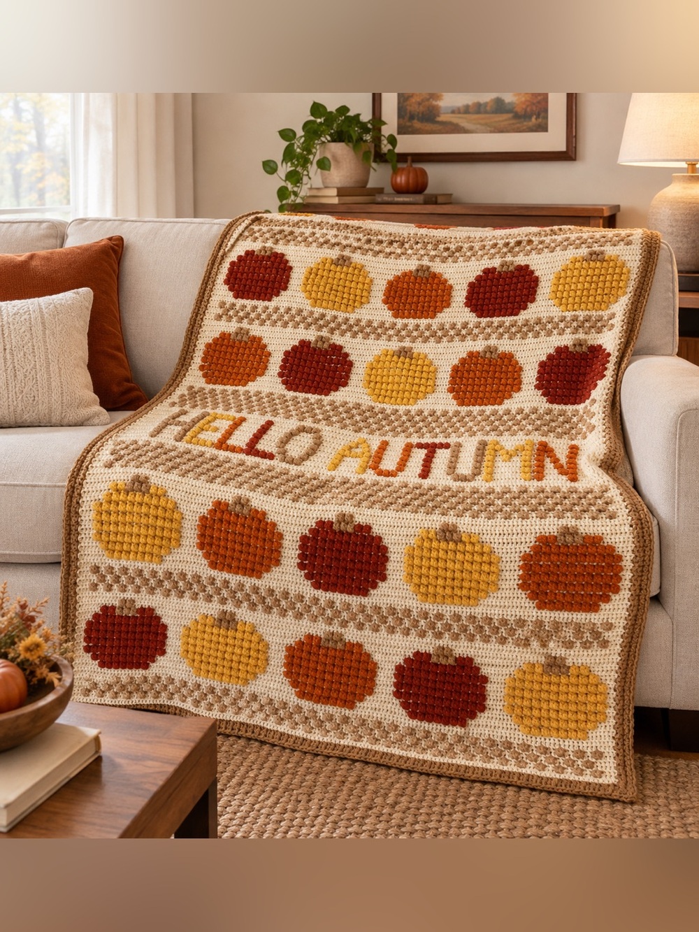 Handmade Crochet “Hello Autumn” Pumpkin Blanket